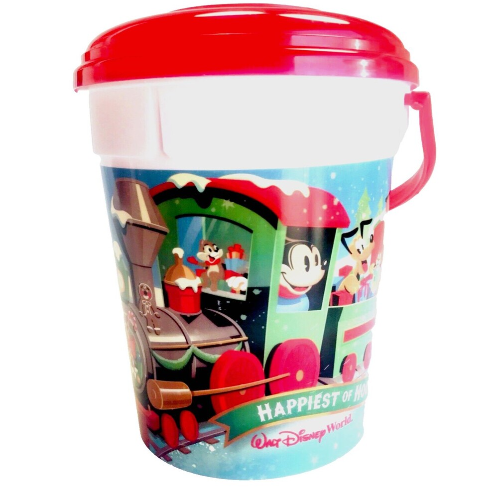 Disney World Popcorn Bucket Pail Mickey Mouse Christmas Train + Lid 9 in Holiday